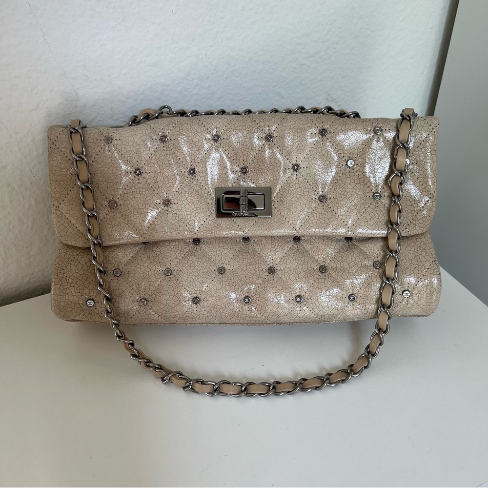 Chanel Vintage Studded CC Reissue Crackle Effect Flap Bag in Tan / Beige - Picture 2 of 16